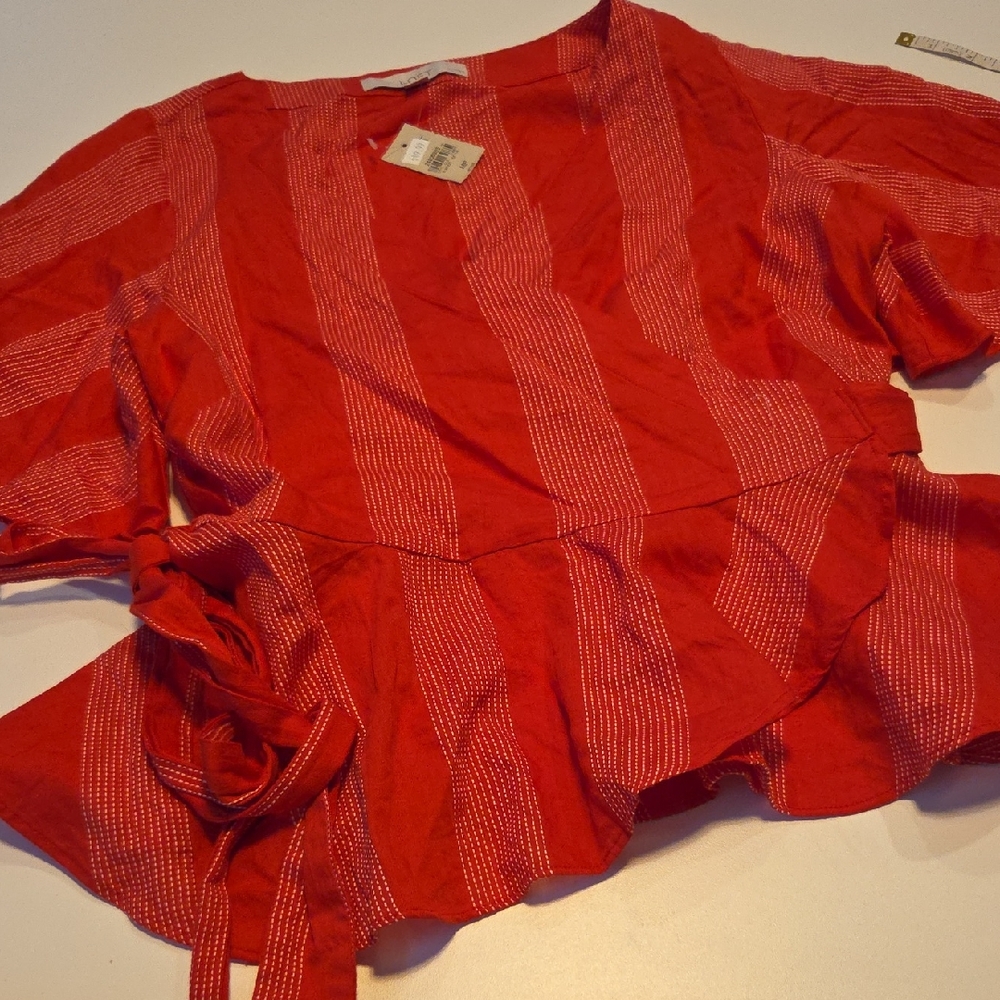 LOFT Red Blouse with White Pinstripes